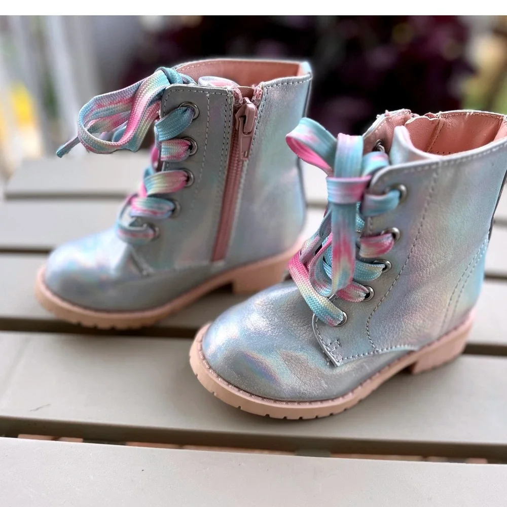 Jelly pop Girls Boots Size 6M‎ Toddler Iridescent Rainbow Lace Up Zipper Ankle